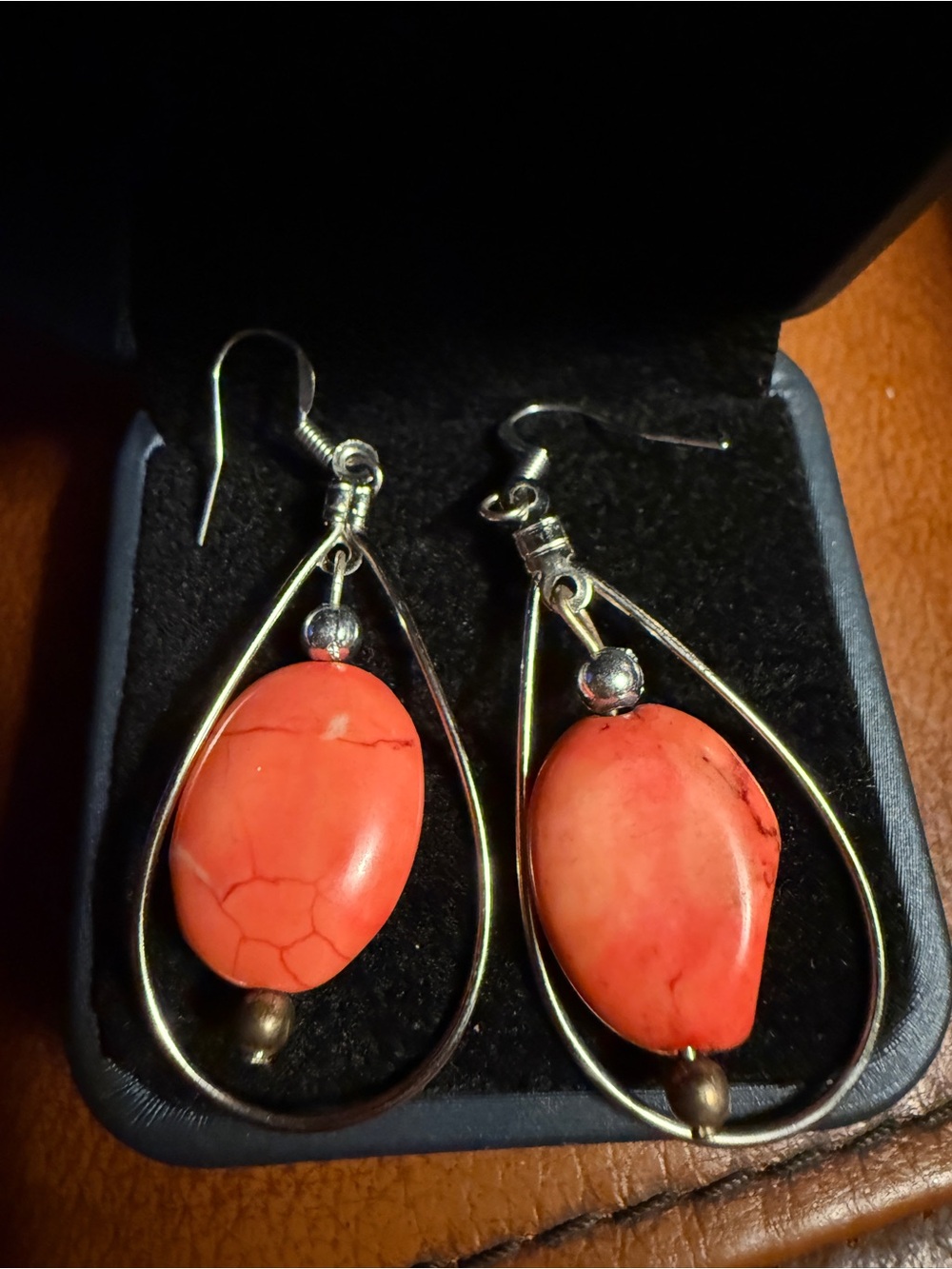 Handmade Coral Red Teardrop Stone Dangle Earrings - Women Jewelry
